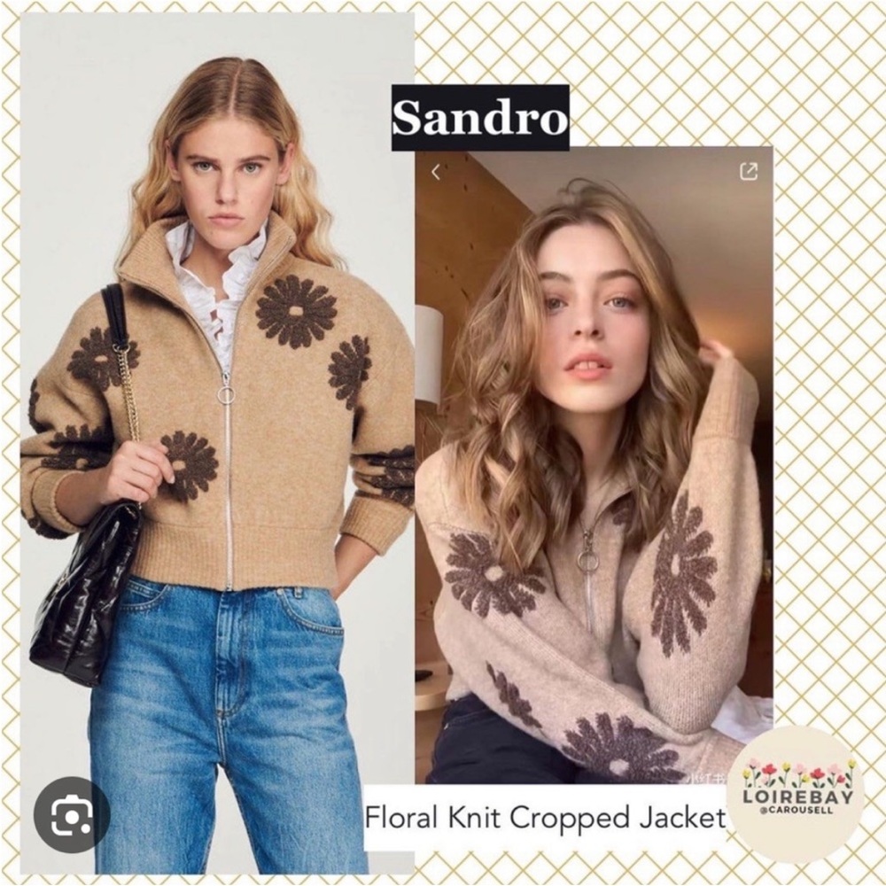 Sandro Silas Wool-Blend Floral Zip-Up Trucker-Style Knit Sweater. Worn.